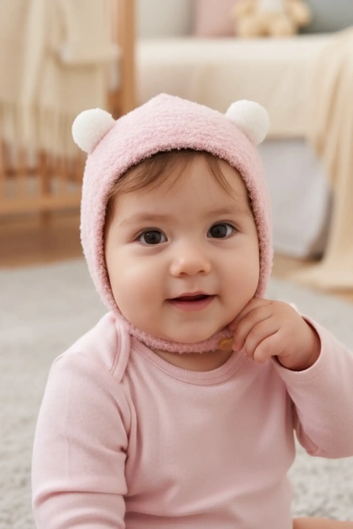 Pembe Renk Ponpon Detaylı Bebek Peluş Şapka