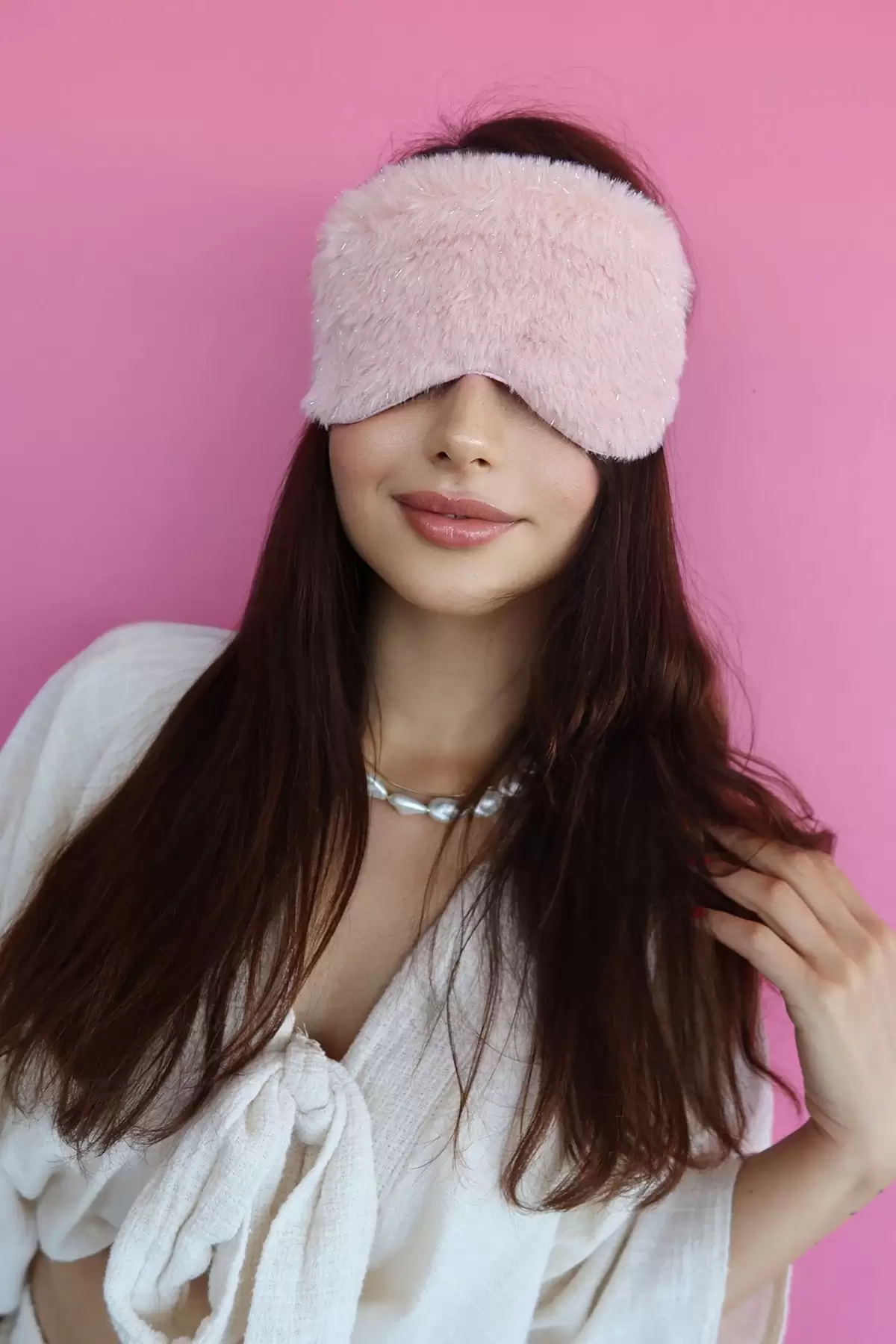 Pembe Renk Sim Detaylı Peluş Uyku Bandı