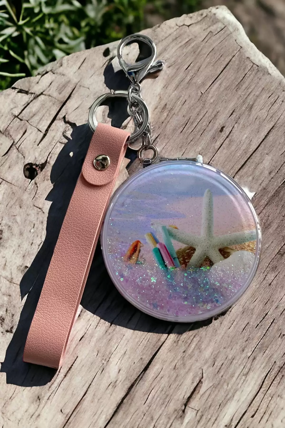 Pembe Renk Simli Deniz Yıldızı Figürlü Cep Aynası/ Anahtarlık