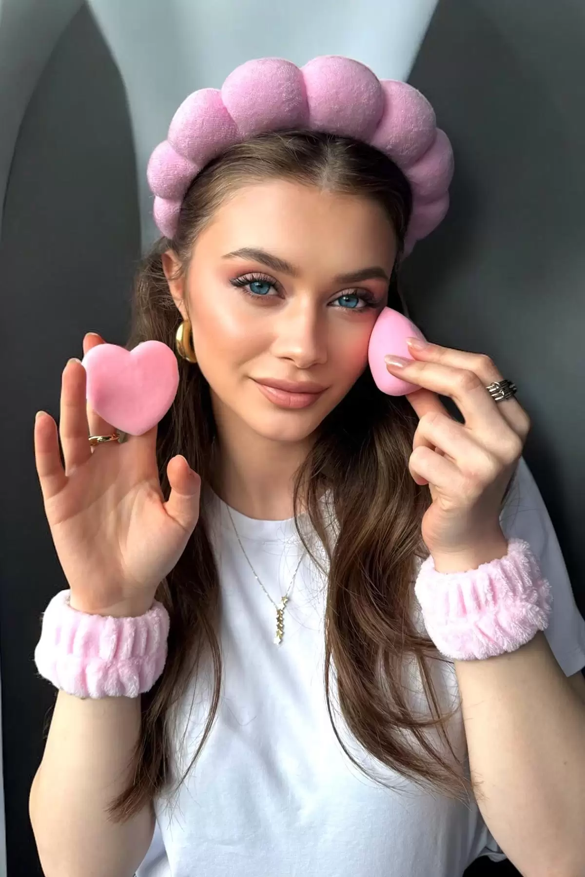 Pembe Renk Spa Taç/ Makyaj Süngeri/ Pudra Süngeri/ Su Emici Havlu Bileklik Set