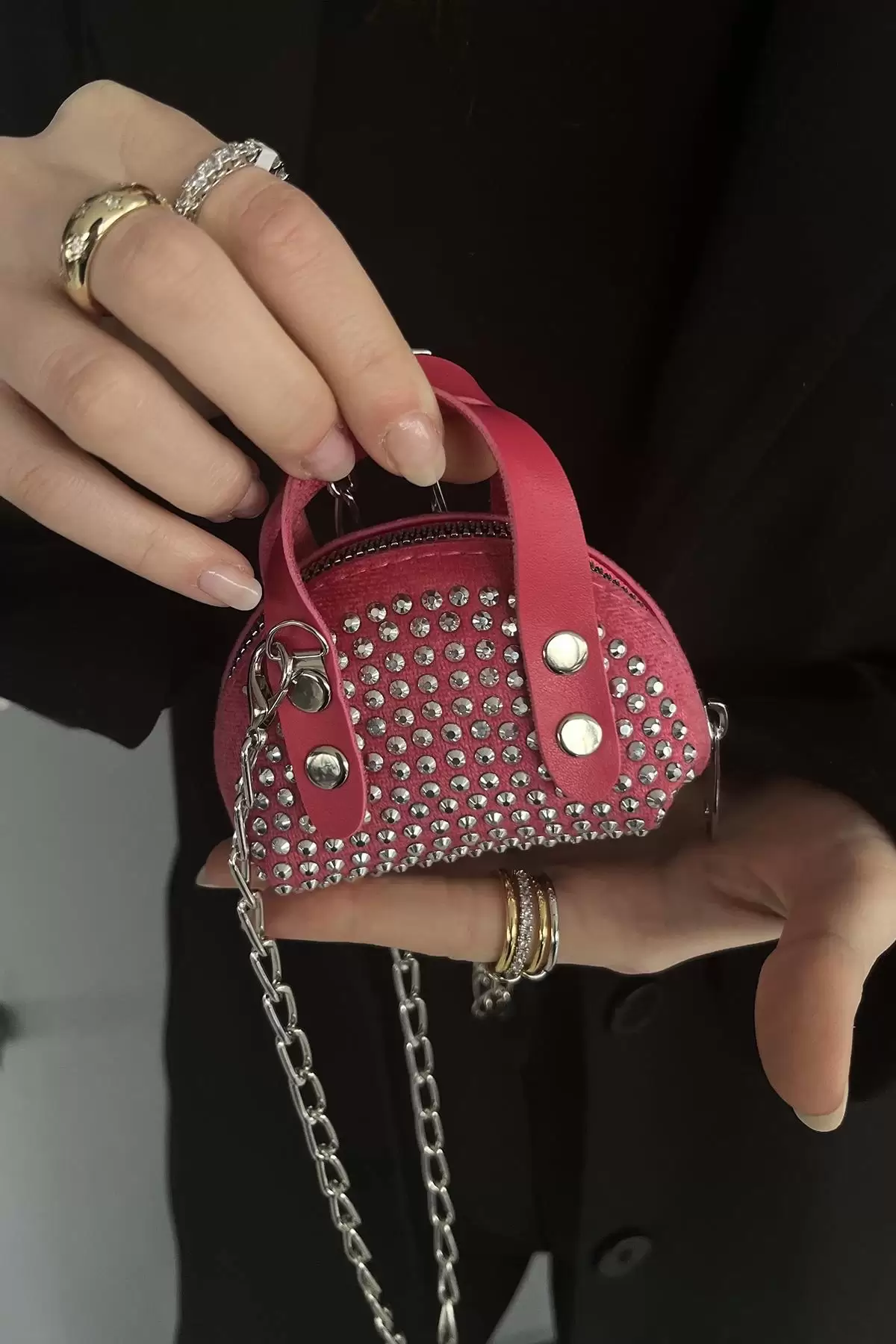 Pembe Renk Taş Detaylı Mini Boy Kadın Süet Çanta