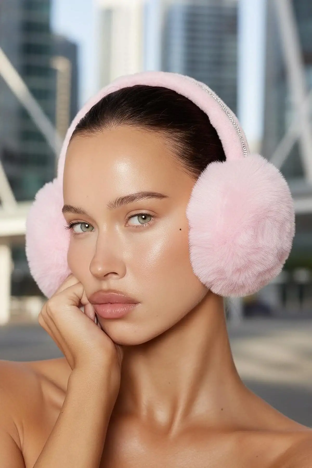 Pembe Renk Taş Detaylı Peluş Kulaklık