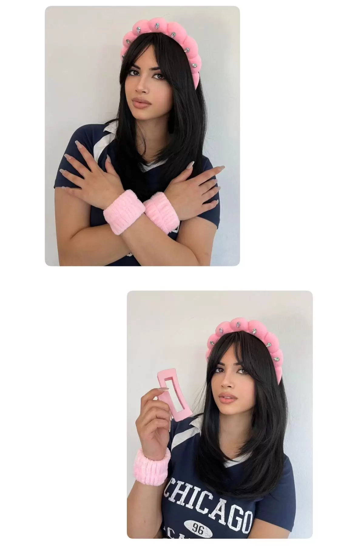 Pembe Renk Taş Detaylı Spa Taç/ Mandal Toka/ Su Emici Havlu Bileklik Set