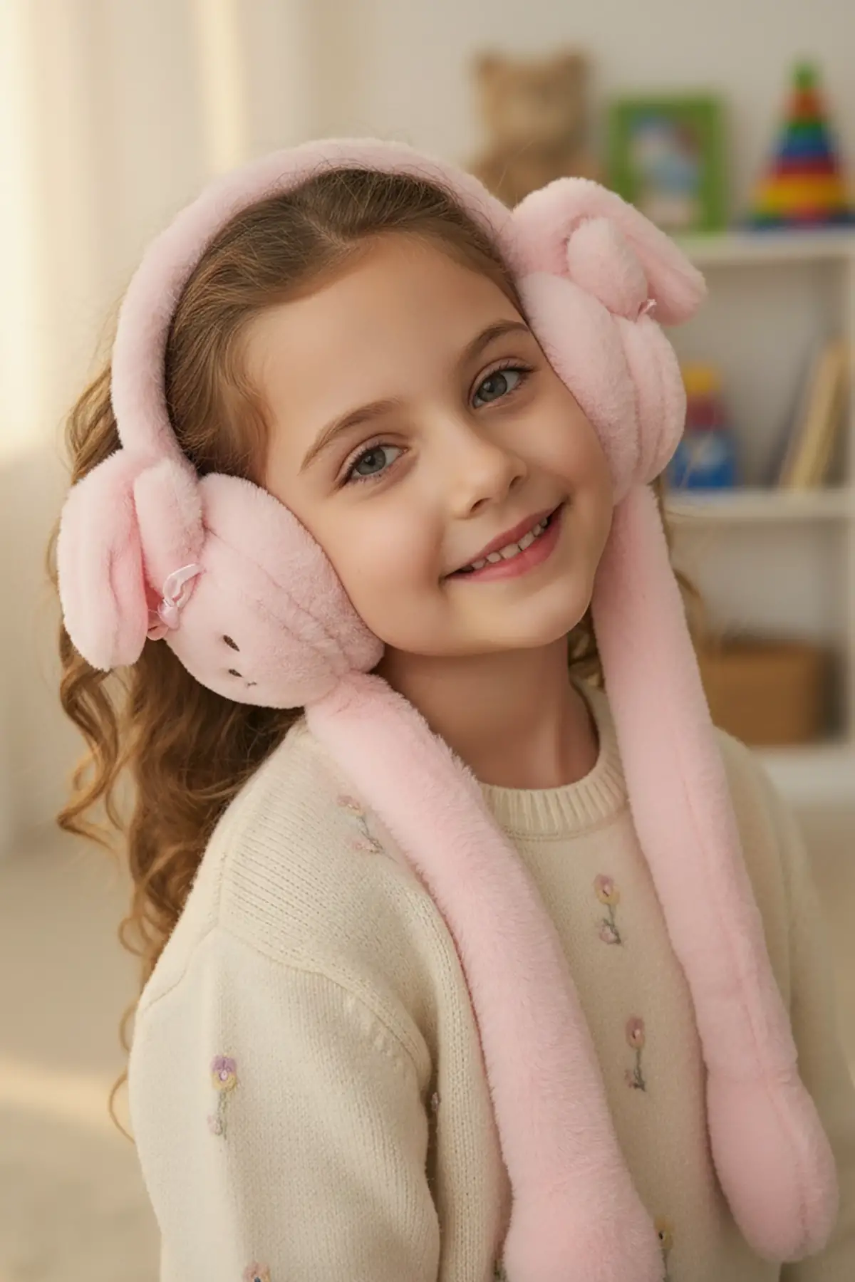 Pembe Renk Tavşan Figürlü Peluş Kulaklık