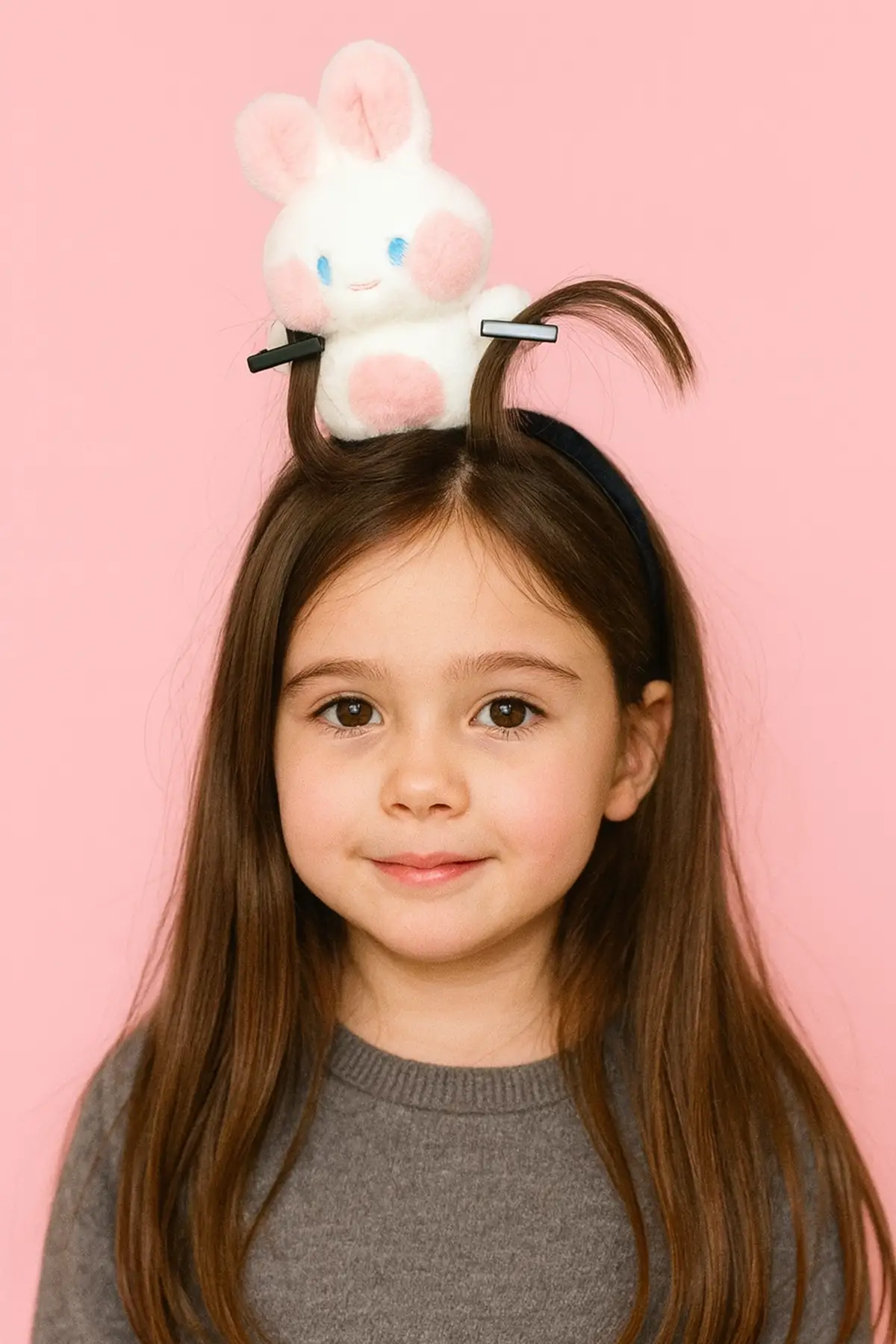 Pembe Renk Tavşan Figürlü Perçem Tokası Detaylı Taç