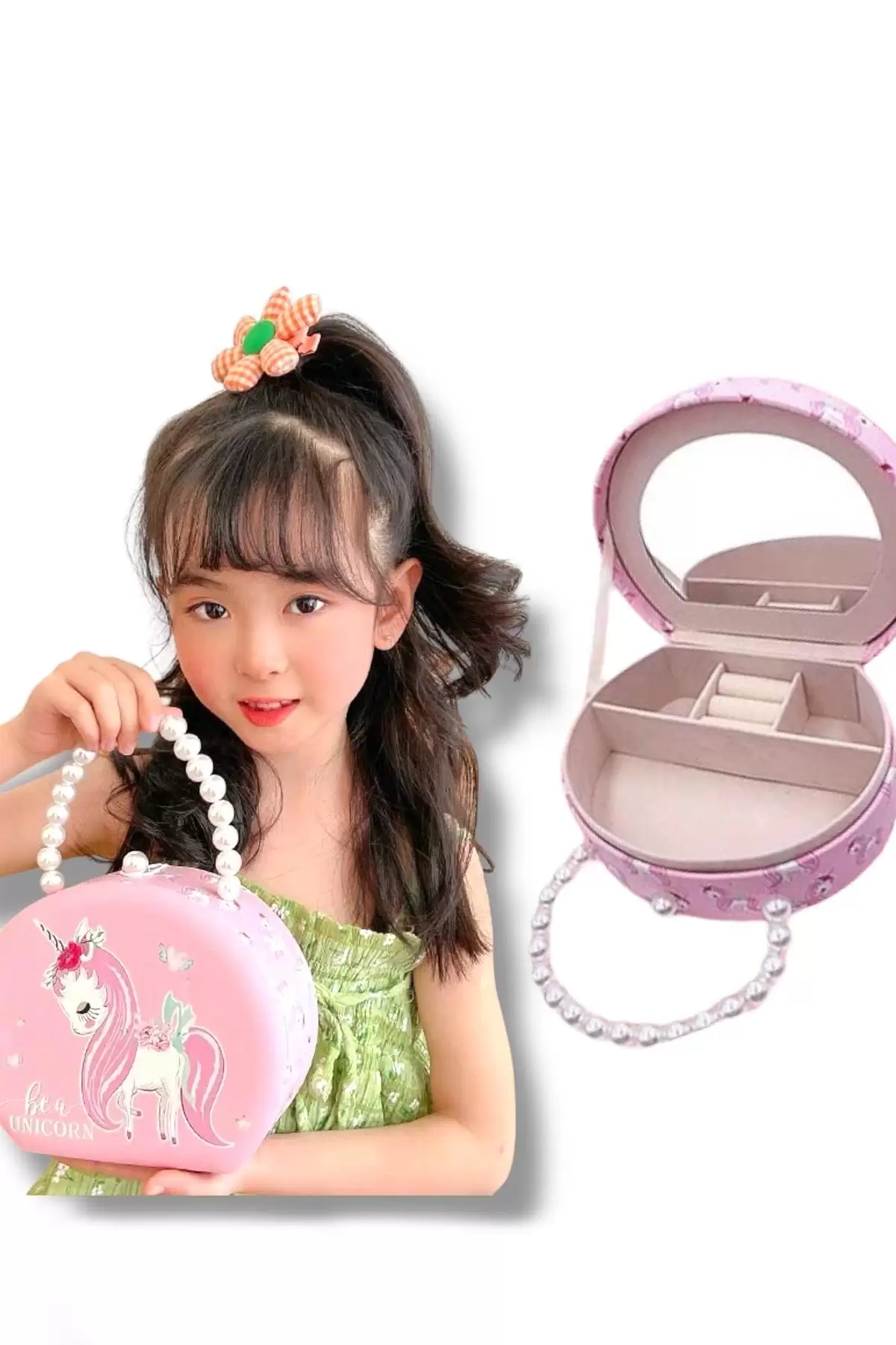 Pembe Renk Unicorn Figürlü İnci Detaylı Çanta Detaylı Takı Kutusu/Organizer