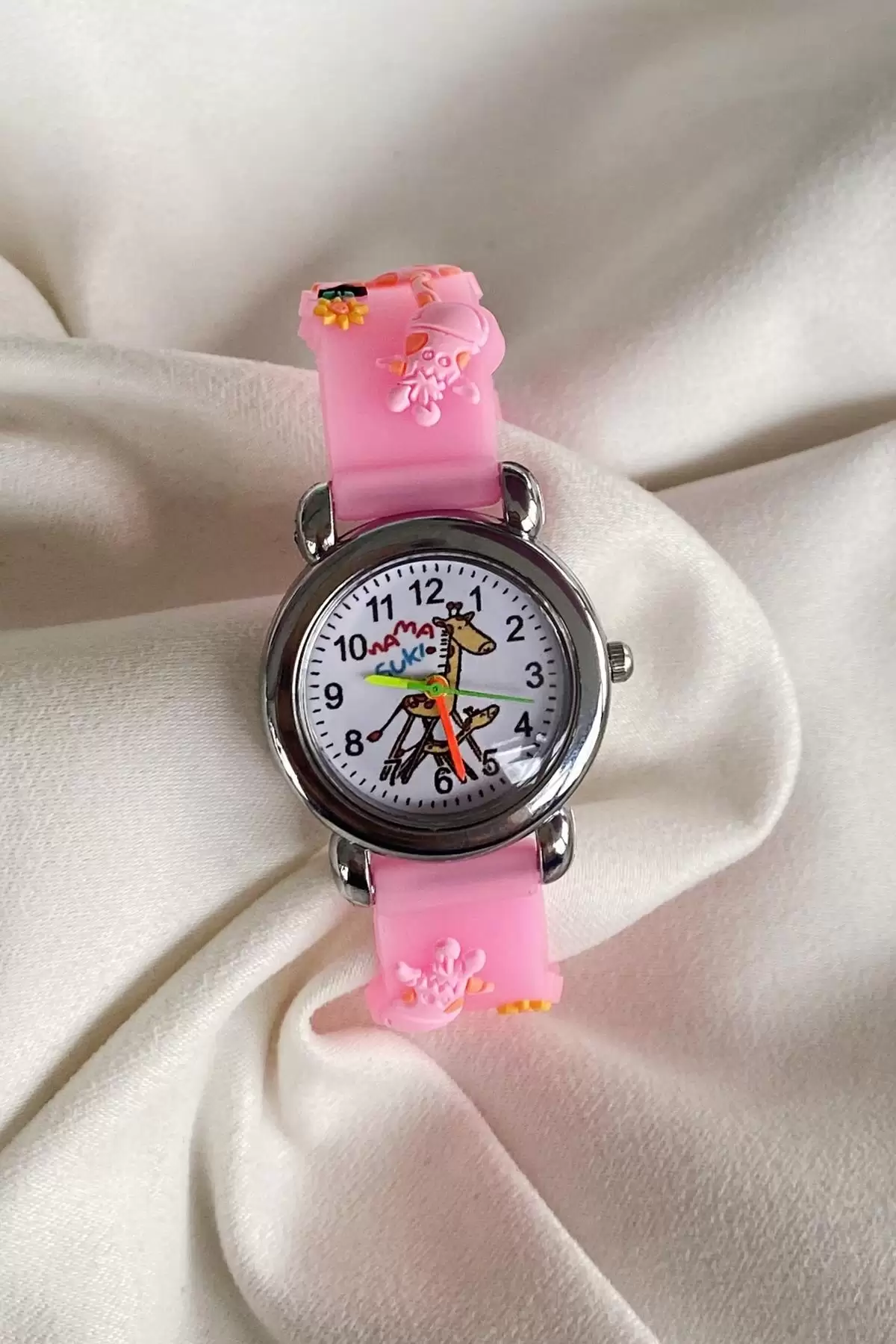 Pembe Renk Zürafa Figürlü Silikon Kordonlu Çocuk Saat