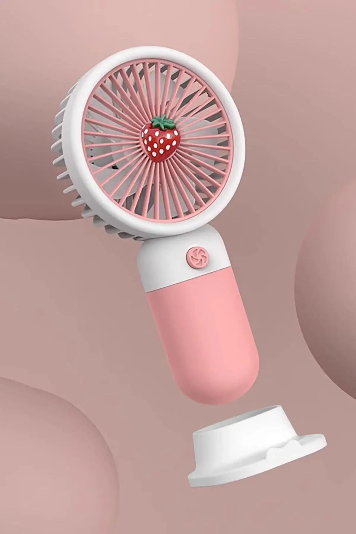 Pembe Ve Beyaz Renk Çilek Figürlü Taşınabilir Şarjlı Telefon Tutacaklı El Fanı