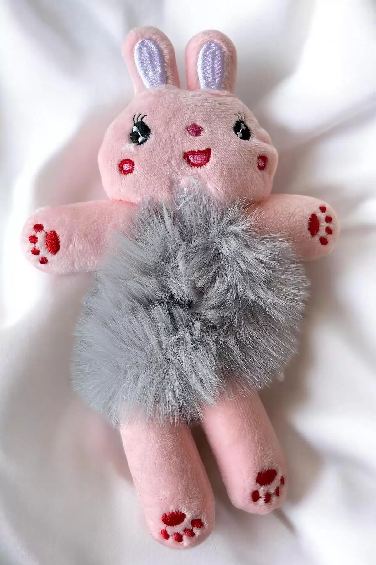 Pembe Ve Gri Renk Tavşan Figürlü Peluş Simit Toka