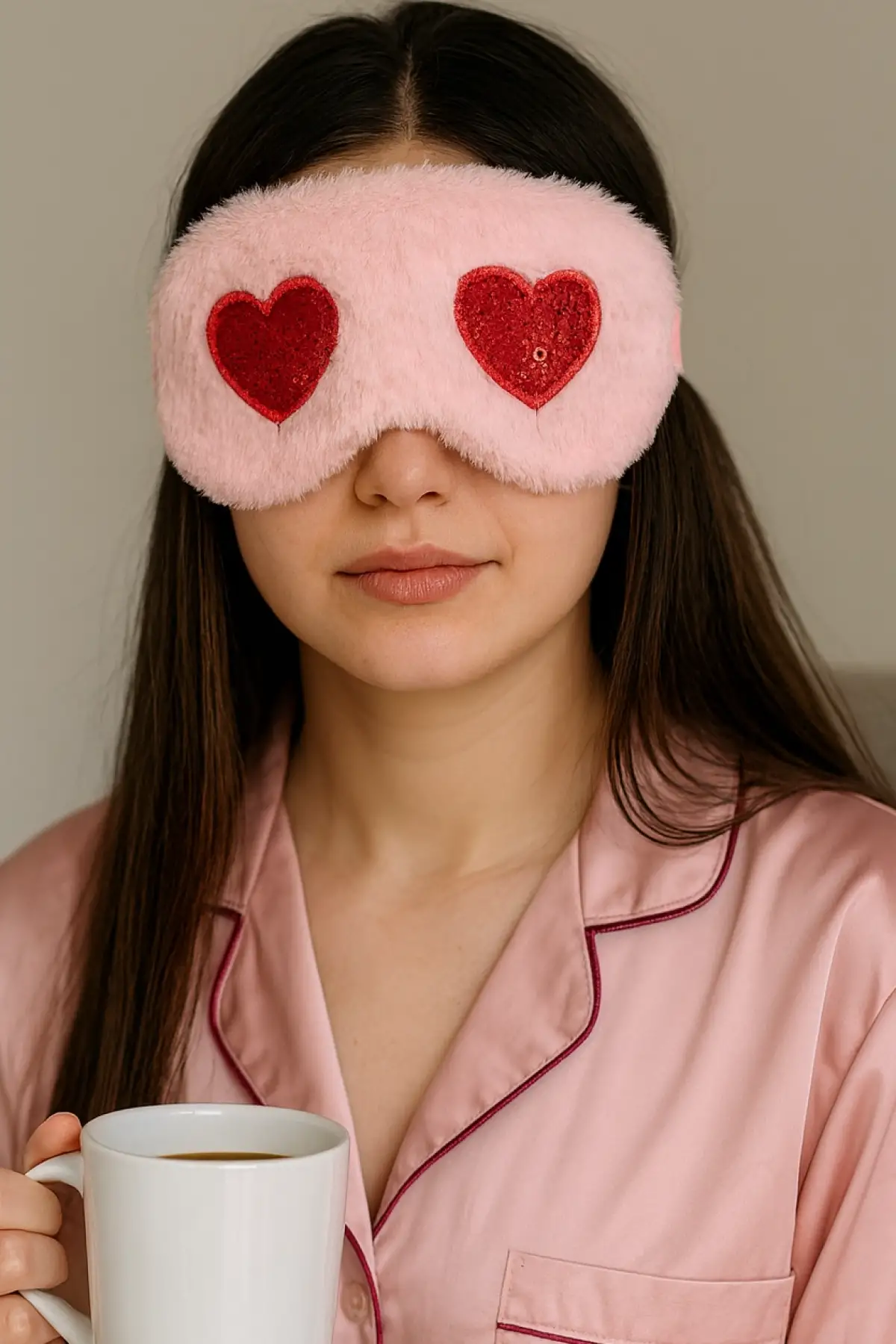 Pembe Ve Kırmızı Renk Kalp Figürlü Peluş Uyku Bandı