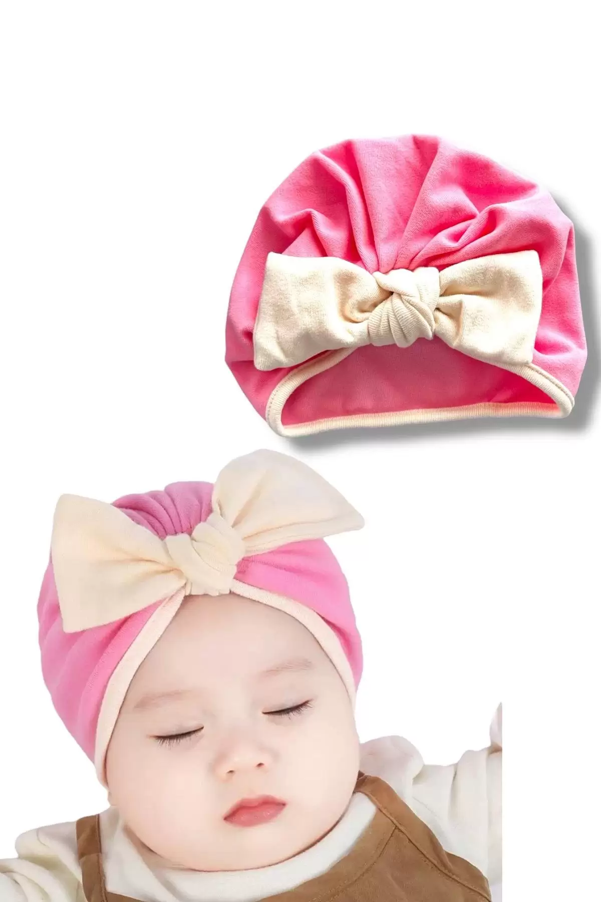 Pembe Ve Krem Renk Kurdele Figürlü Bebek Saç Bonesi