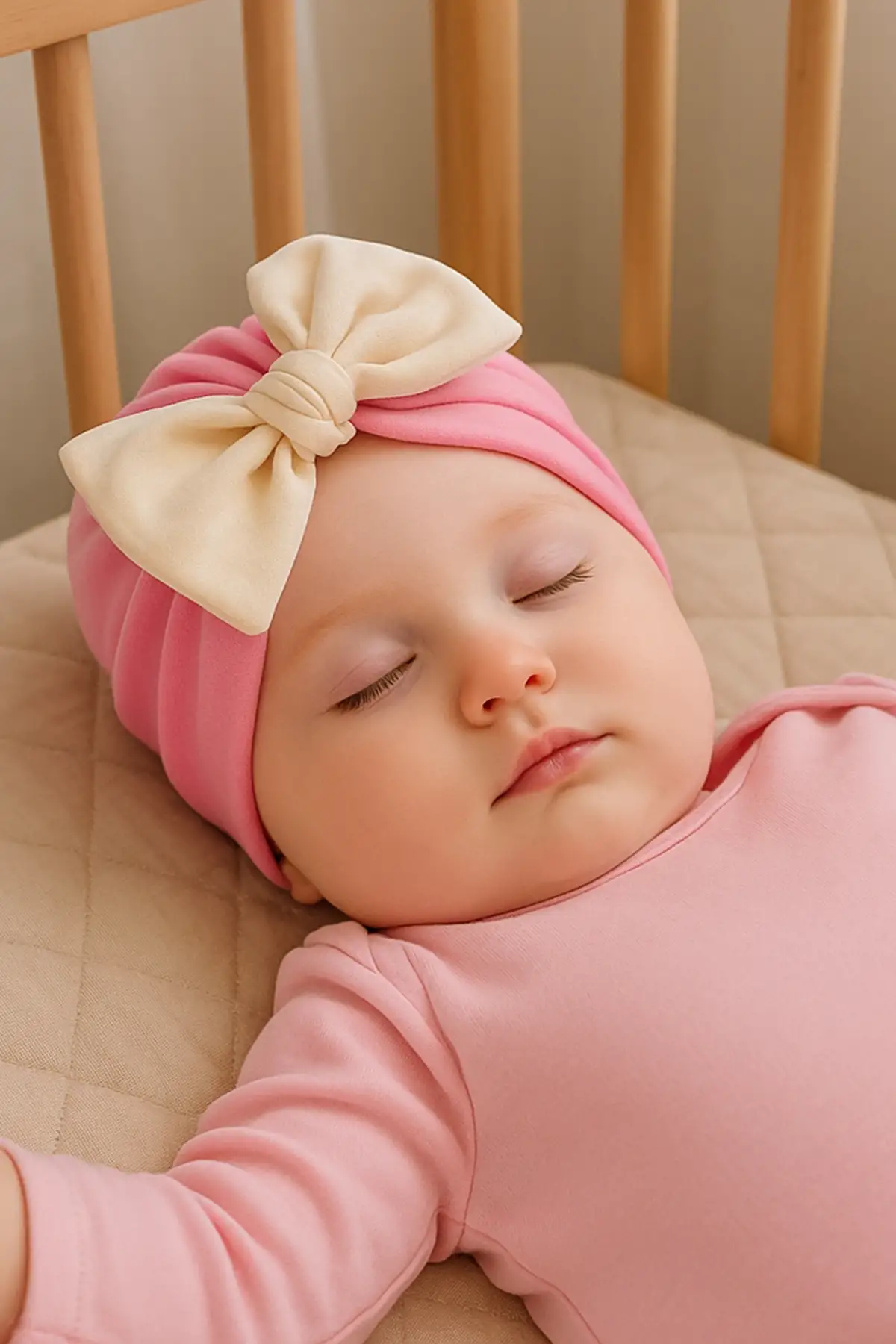 Pembe Ve Krem Renk Kurdele Figürlü Bebek Saç Bonesi
