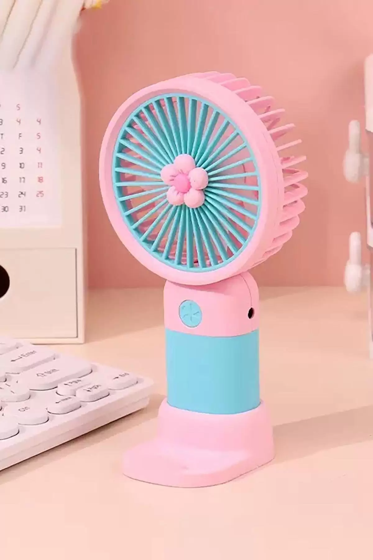 Pembe Ve Mavi Renk Çiçek Figürlü Taşınabilir Şarjlı Telefon Tutacaklı El Fanı