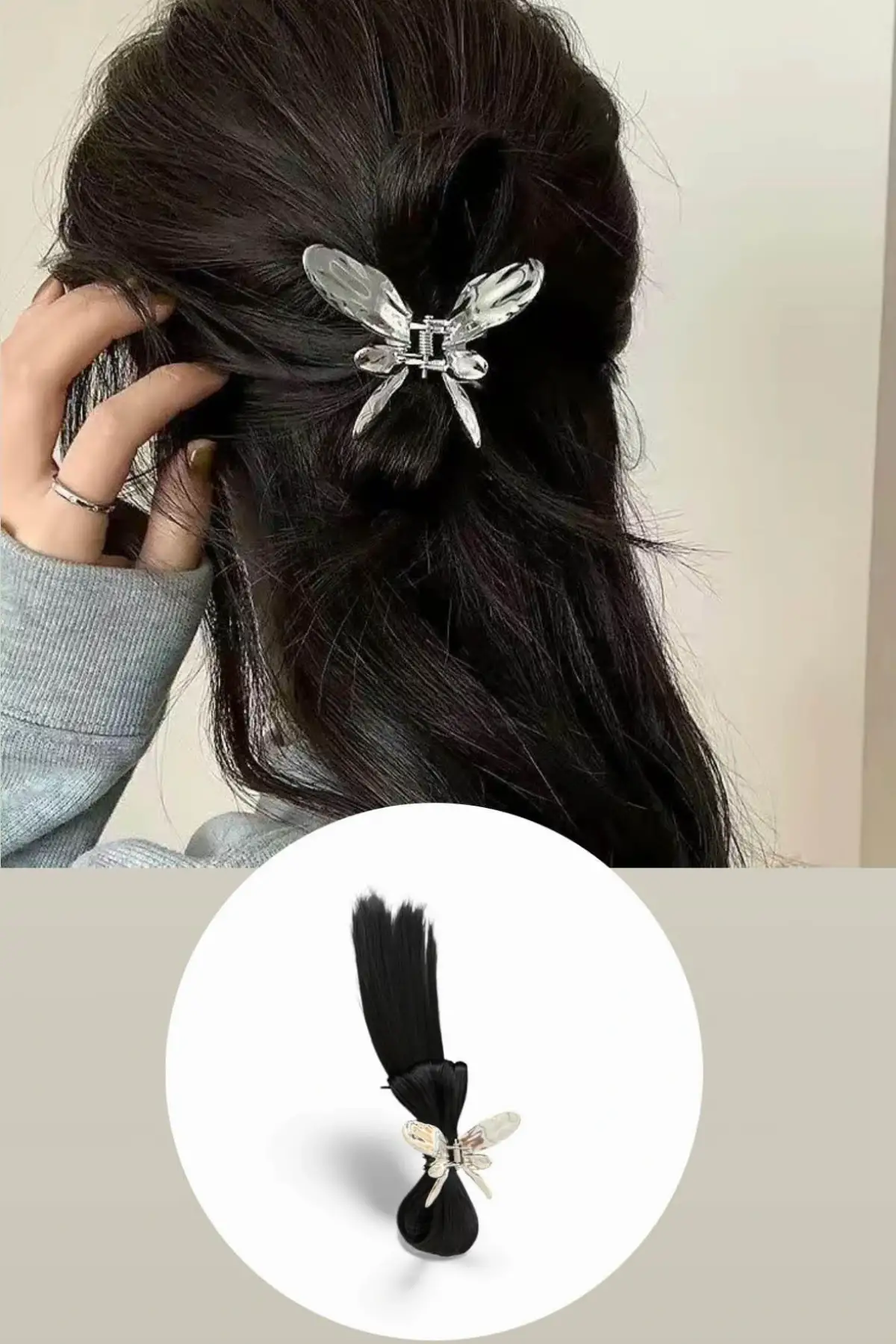 Siyah Renk Dağınık Topuz Efektli Saç Eklentisi Kelebek Figürlü Mandal Toka