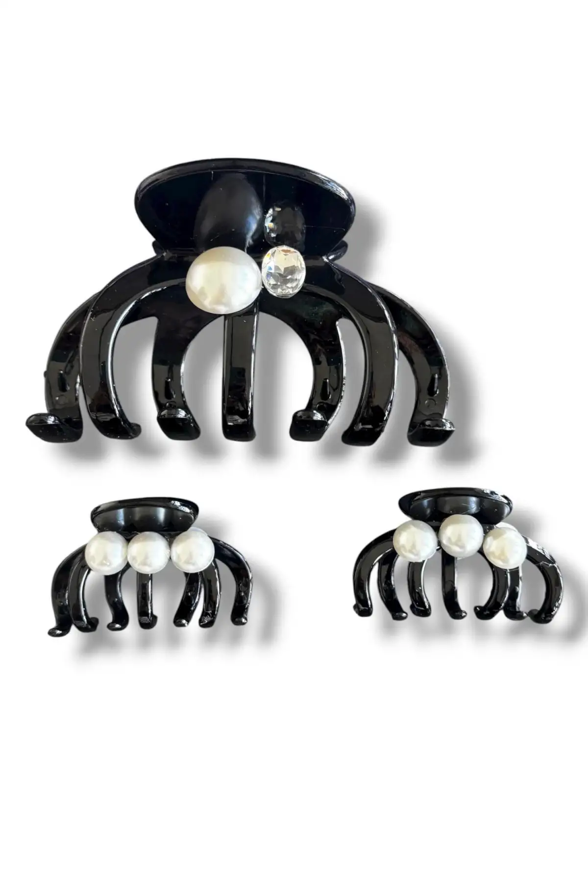 Siyah Renk İnci Detaylı 3lü Kemik Mandal Toka Set