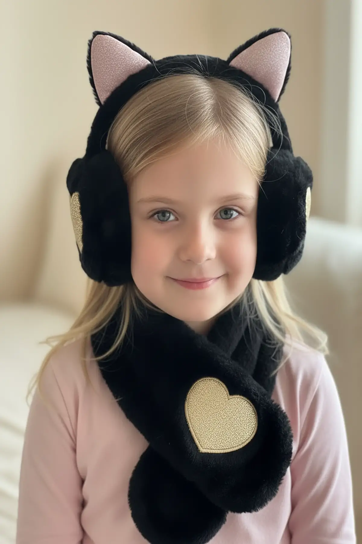 Siyah Renk Kalp Detaylı Peluş Atkı Ve Kulaklık Set