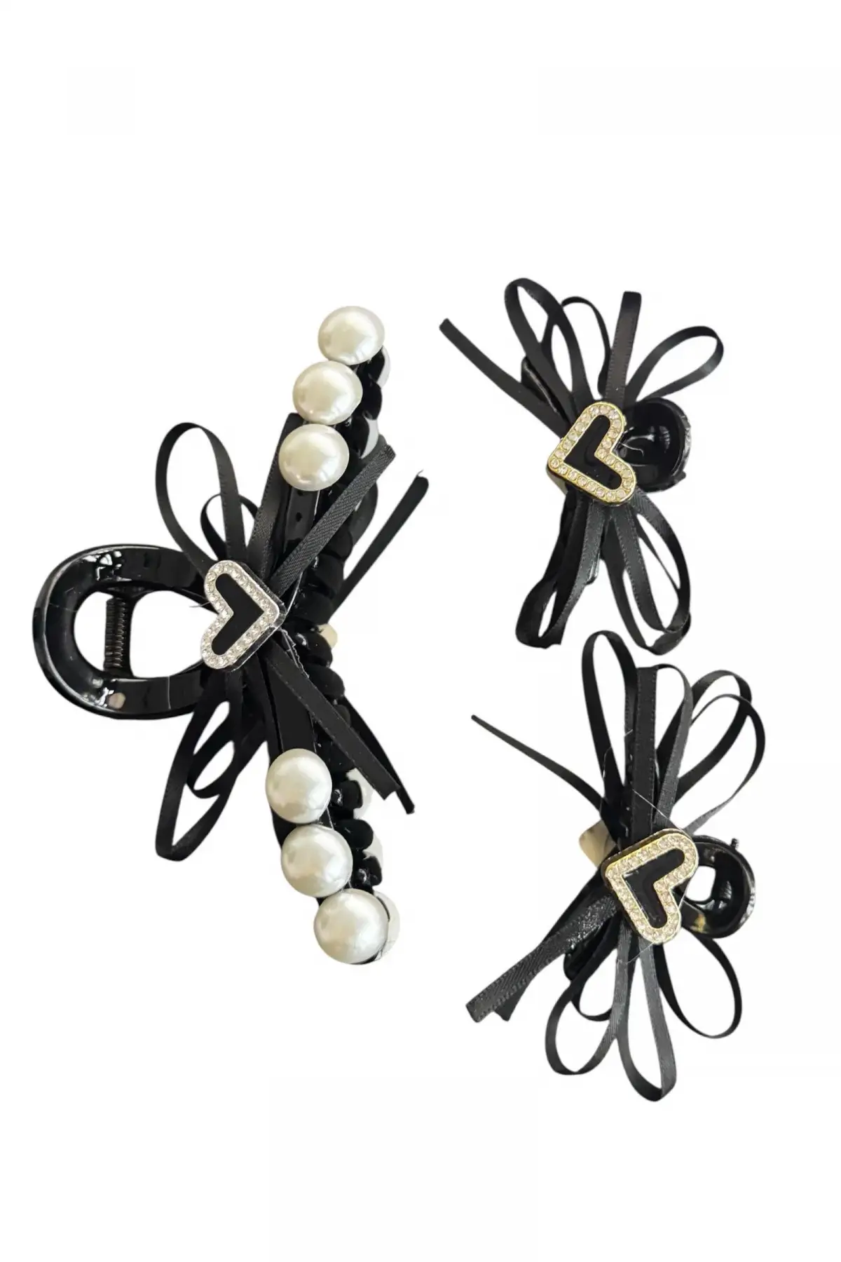 Siyah Renk Kalp Figürlü İnci Detaylı 3lü Mandal Toka Set