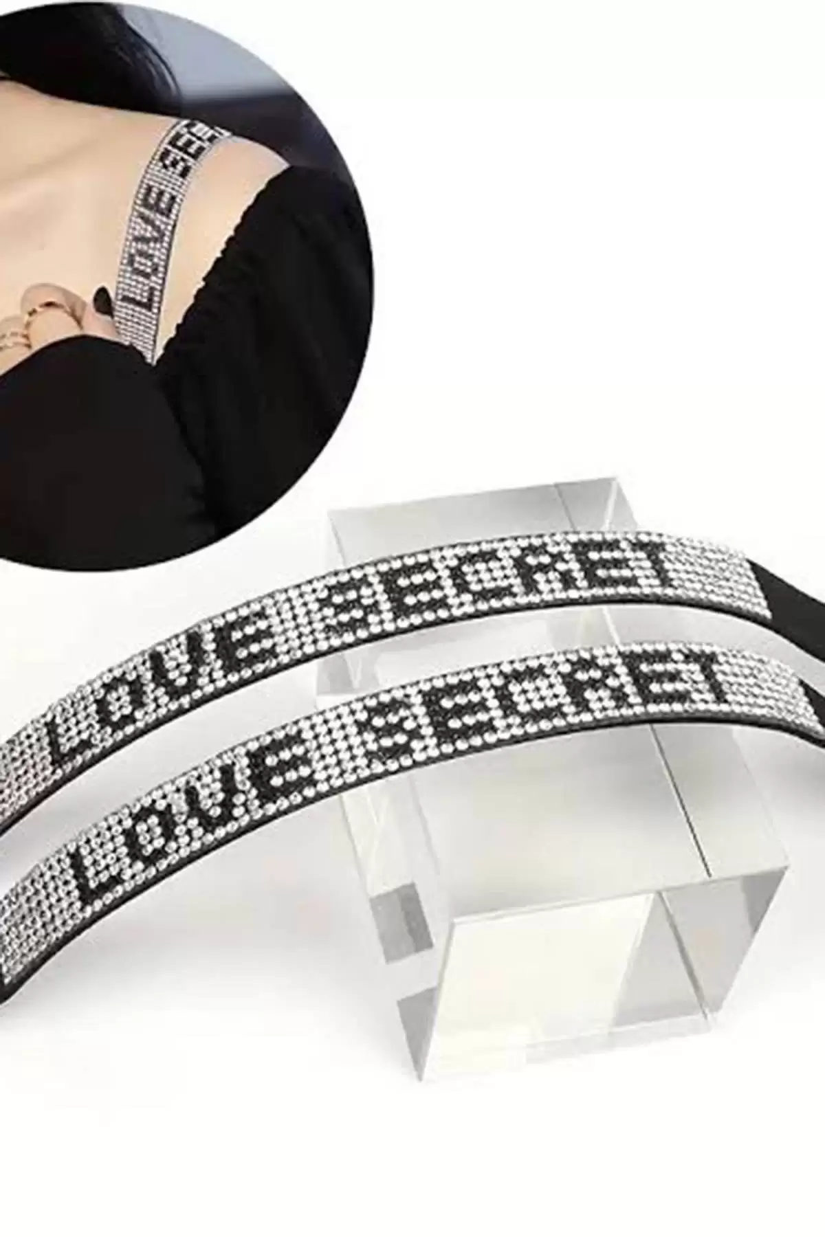 Siyah Renk Love Secret Yazılı Taş Detaylı Sütyen Askısı