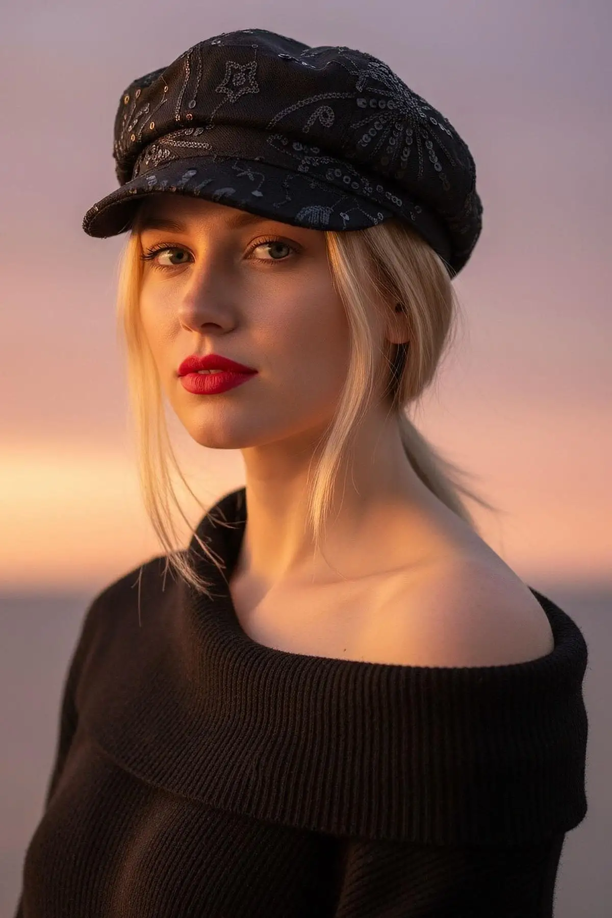 Siyah Renk Pul Detaylı Tasarım Şapka
