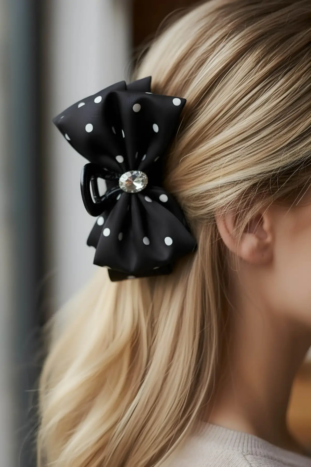 Siyah Renk Taş Detaylı Kurdele Figürlü Puantiyeli Mandal Toka