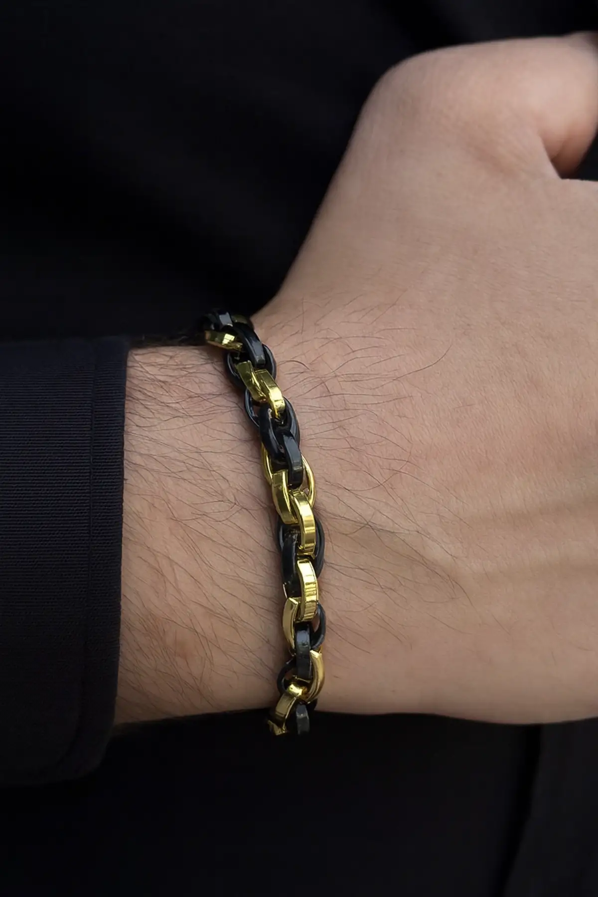Siyah Ve Altın Renk Zincir Detaylı Çelik Erkek Bileklik