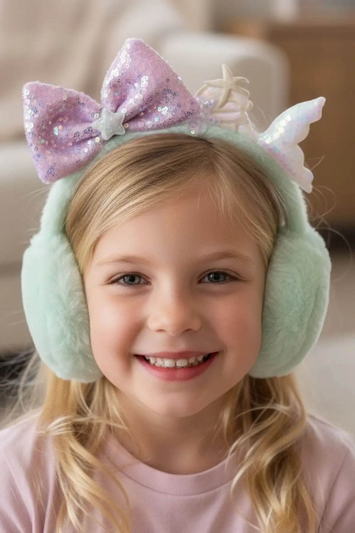 Turkuaz Ve Lila Renk Karışık Figürlü Çocuk Peluş Kulaklık