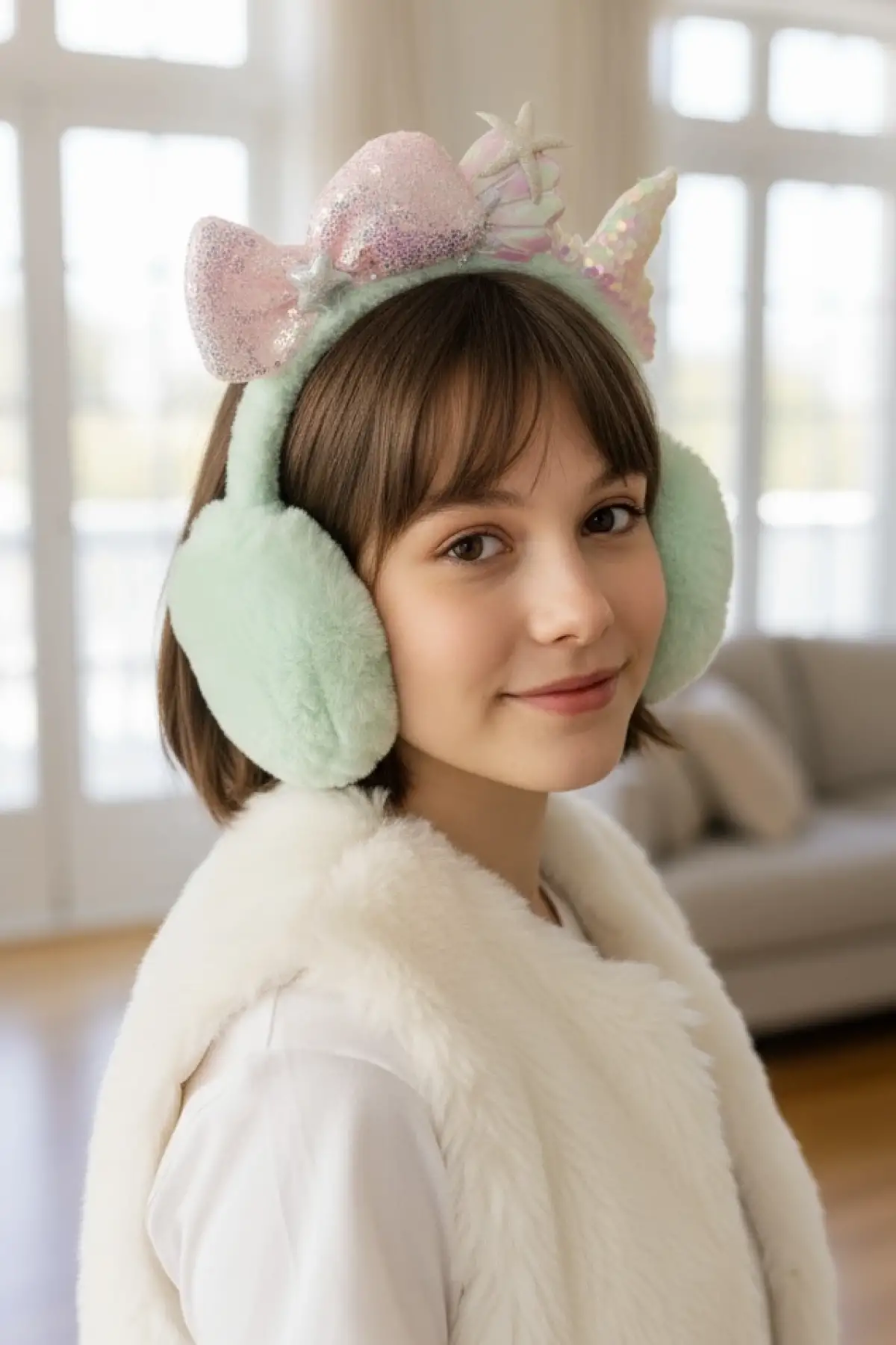 Turkuaz Ve Pembe Renk Karışık Figürlü Peluş Kulaklık