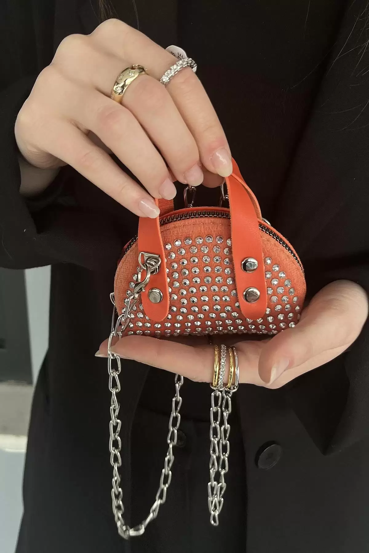 Turuncu Renk Taş Detaylı Mini Boy Kadın Süet Çanta