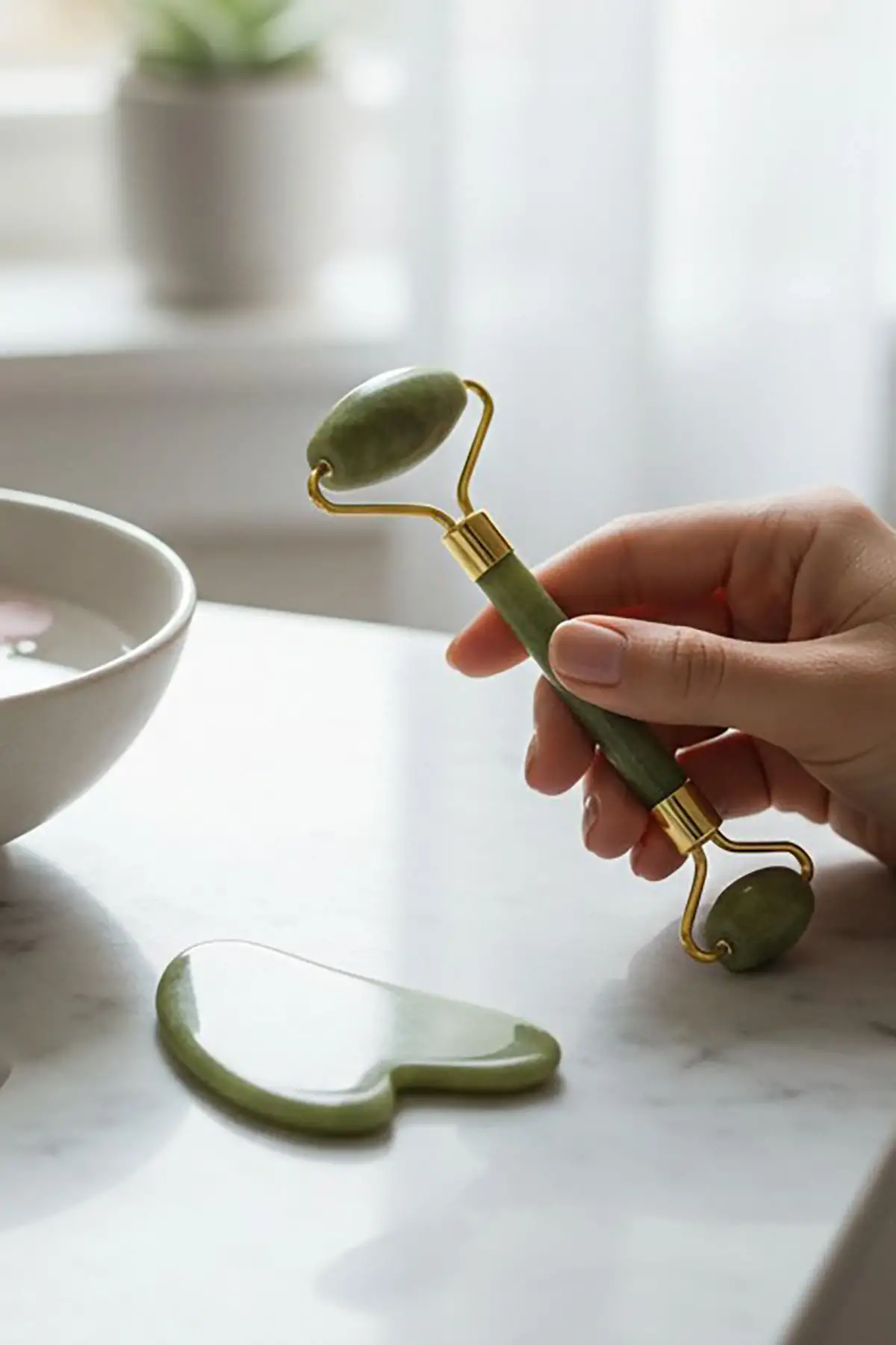 Yeşil Renk Doğal Taş Gua Sha ve Roller Yüz Masaj Taşı Seti