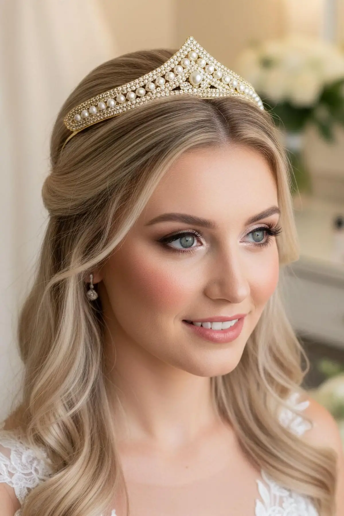 Zirkon Taşlı İnci Detaylı Gelin/Kına/Nişan/Söz Tasarım Taç