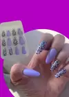 12li Mor Renk Leopar Nail Art Figürlü Takma Tırnak Seti (Yapıştırıcılı)