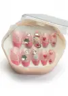 12li Pembe Renk Çilek Figürlü Taş Detaylı Takma Tırnak Set (Yapıştırıcılı)