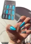 12li Turkuaz Renk Leopar Nail Art Figürlü Takma Tırnak Seti (Yapıştırıcılı)