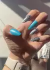 12li Turkuaz Renk Leopar Nail Art Figürlü Takma Tırnak Seti (Yapıştırıcılı)