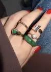 5li Altın Ve Yeşil Renk Ayarlanabilir Yüzük Set