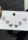 6lı Gümüş Renk Kalp Figürlü Taş Detaylı Küpe Set