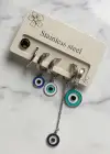 6lı Gümüş Renk Nazar Boncuk Figürlü Çelik Halka Küpe Set