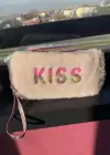 Açık Pembe Renk Kiss Yazılı Peluş Kalem Kutu/Makyaj Çantası