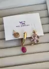 Altın Renk Çiçek Figürlü Taş Detaylı VİP 3lü YSX Küpe Set