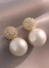 Altın Renk İnci Ve Taş Detaylı Küpe (Çift)