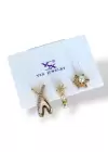 Altın Renk İnci Ve Taş Detaylı VİP 3lü YSX Küpe Set