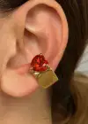Altın Renk Kalp Figürlü Kırmızı Taş Detaylı 14K Altın Kaplama Ear Cuff (Tek)