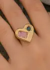 Altın Renk Kalp Figürlü Taş Detaylı Ayarlanabilir Yüzük