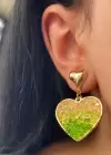 Altın Renk Kalp Figürlü Yeşil Taş Detaylı Küpe (Çift)