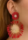 Altın Renk Kırmızı Çiçek Figürlü Tasarım Küpe (Çift)
