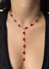 Altın Renk Kırmızı Taş Detaylı Çelik Y Kolye