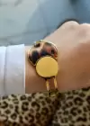 Altın Renk Leopar Desenli Çelik Kelepçe Bileklik