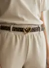 Altın Renk Leopar Desenli Kadın Deri Kemer
