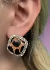 Altın Renk Leopar Desenli Taşlı Küpe (Çift)