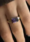 Altın Renk Mor Taş Detaylı Ayarlanabilir Çelik Yüzük